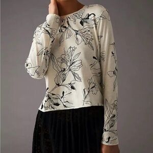 Anthropologie Maeve Black and White Floral Caitlin Boxy Long Sleeve Tee - Size S